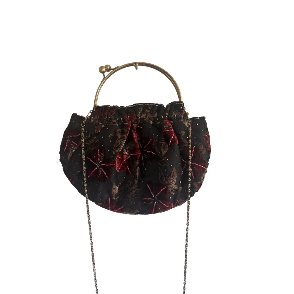 Vintage Style Black Velvet Floral Beaded Evening Bag Red Flower Ring Handle